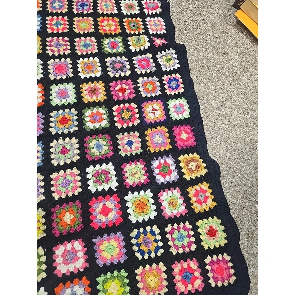 Vtg Handmade Multicolor Crochet Granny Square Home Decor Afghan Blanket 59
